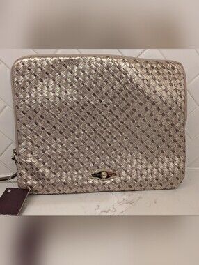 NWT Genuine Silver Metallic Braided Leather Zipper Clutch chic
